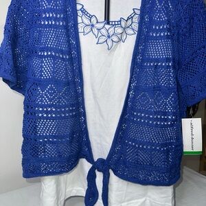 Alfred Dunner Blue Knit Cardigan with White Floral Top